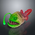Deep Sea Anglerfish With Green Body Red Fins Glowing Lure And Sharp Teeth
