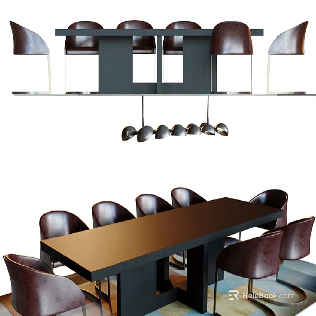 Dark Wooden Conference Table With Leather Chairs And Hanging Pendant Lights In Modern Office 3d model 