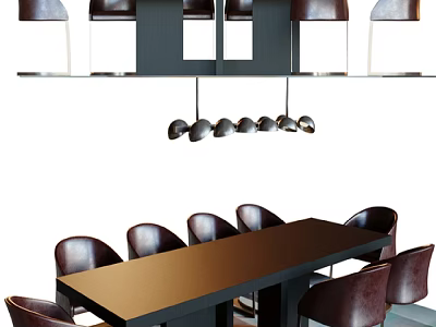 Dark Wooden Conference Table With Leather Chairs And Hanging Pendant Lights In Modern Office 3d model