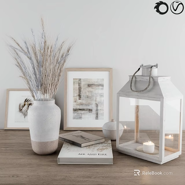 Decorative Ornament Set Featuring Dried Pampas Grass Ceramic Vase Framed Art Wooden Lantern and Candles 3d model 
