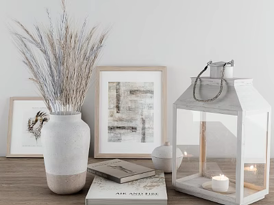 Decorative Ornament Set Featuring Dried Pampas Grass Ceramic Vase Framed Art Wooden Lantern and Candles 3d model