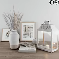 Decorative Ornament Set Featuring Dried Pampas Grass Ceramic Vase Framed Art Wooden Lantern and Candles