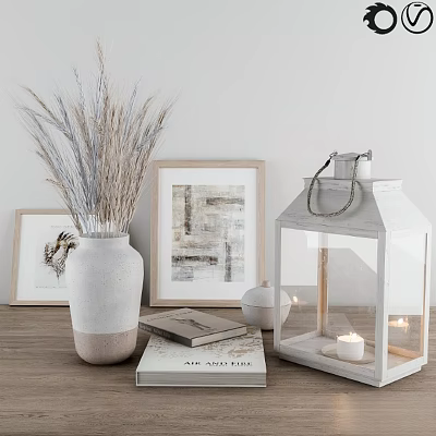 Decorative Ornament Set Featuring Dried Pampas Grass Ceramic Vase Framed Art Wooden Lantern and Candles 3d model