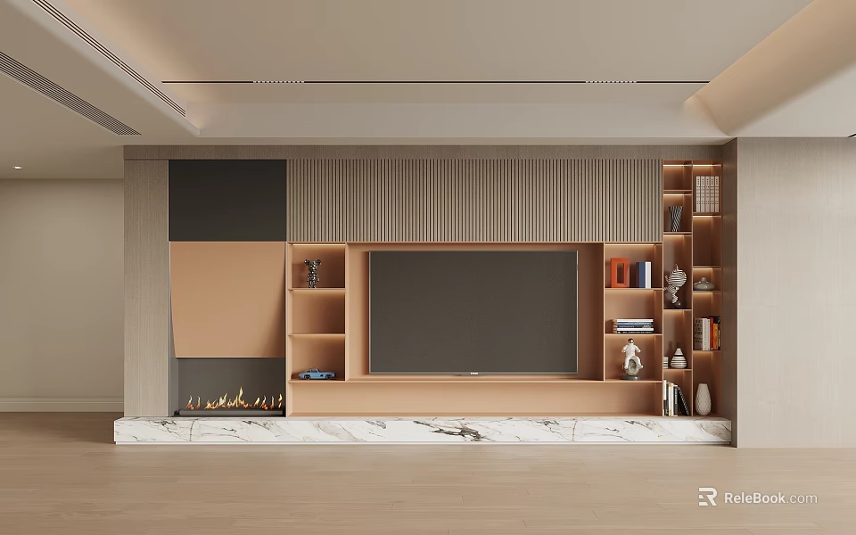 Modern TV Background Cabinet With Wooden Panels Marble Countertop And Storage Shelves 3d model 