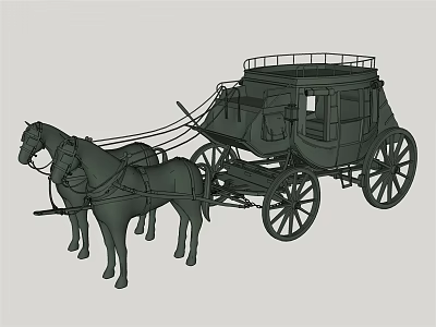 Classic Two Horse Drawn Carriage With Enclosed Body Wheels And Roof Rail 3d model