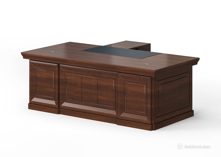 Classic Wooden Office Desk with Smooth Surface Drawers and Attached Side Compartment 3d model 