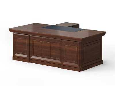 Classic Wooden Office Desk with Smooth Surface Drawers and Attached Side Compartment 3d model