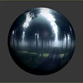 Cartoon Scene of Transparent Sphere with Forest Path Trees and Light Reflections