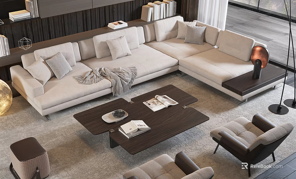 Modern L Shaped Beige Sofa with Throw Pillows and Dark Wooden Coffee Table Set 3d model 