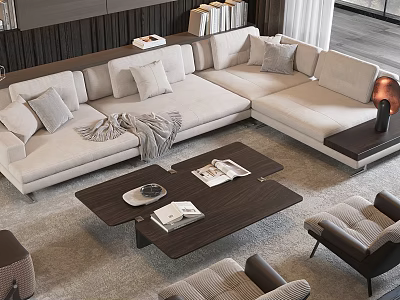 Modern L Shaped Beige Sofa with Throw Pillows and Dark Wooden Coffee Table Set 3d model