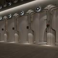 Modern Public Restroom With Multiple Stalls And Sleek Lighting Design 3d model