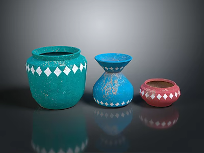 Handcrafted Carved Ceramic Vases in Turquoise Blue Red with White Diamond Patterns 3d model