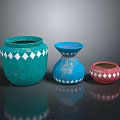 Handcrafted Carved Ceramic Vases in Turquoise Blue Red with White Diamond Patterns