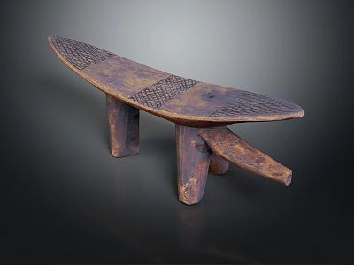 Traditional Wooden Household Stool with Long Textured Surface and Carved Supporting Legs 3d model