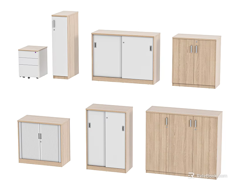 Various Wooden And White File Cabinets With Different Storage Designs 3d model