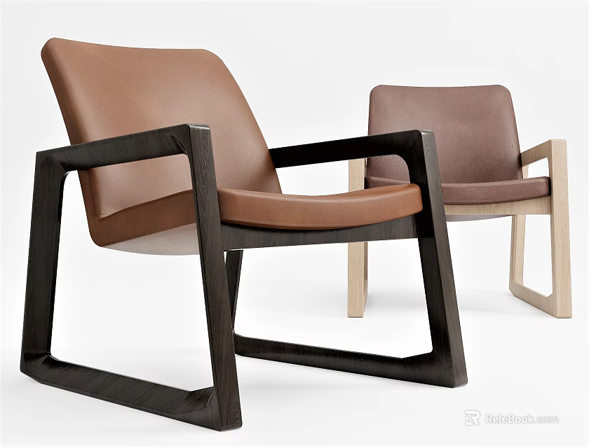 Modern Brown Leather Accent Chairs With Wooden Frames In Dark And Light Tones 3d model 