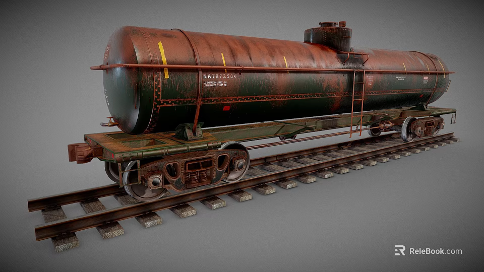 Industrial Railway Tank Car with Rusty Green Brown Exterior on Railroad Track and Ladder 3d model 