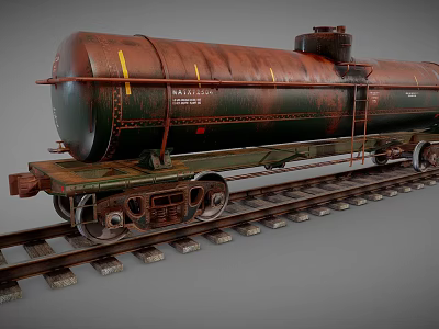 Industrial Railway Tank Car with Rusty Green Brown Exterior on Railroad Track and Ladder 3d model