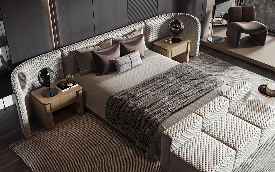 Modern Bedroom Interior With Double Bed Upholstered Headboard Pillows Nightstands And Ottoman 3d model 