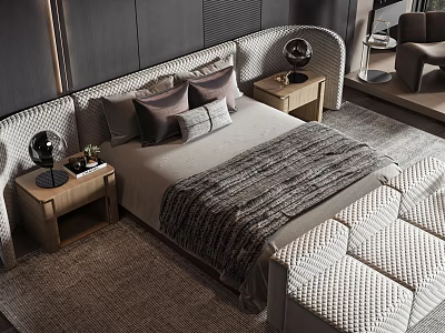 Modern Bedroom Interior With Double Bed Upholstered Headboard Pillows Nightstands And Ottoman 3d model