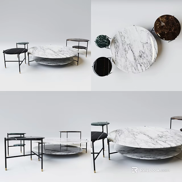 Elegant Round Marble Coffee Table With Black Metal Frame And Stools 3d model