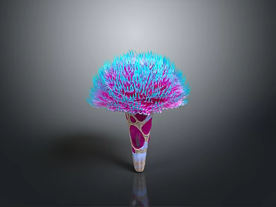 Vibrant Blue and Pink Fluffy Top Plant With Patterned Cone Shaped Stem 3d model