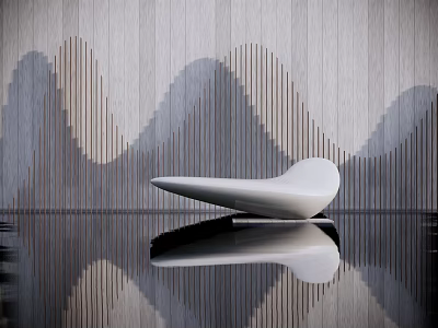 White Boat Shaped Sculpture With Reflection On Water Surface And Wavy Wooden Wall Background 3d model