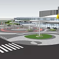 Urban Park Landscape with Green Roof Buildings Circular Design Curved Walkways and Trees