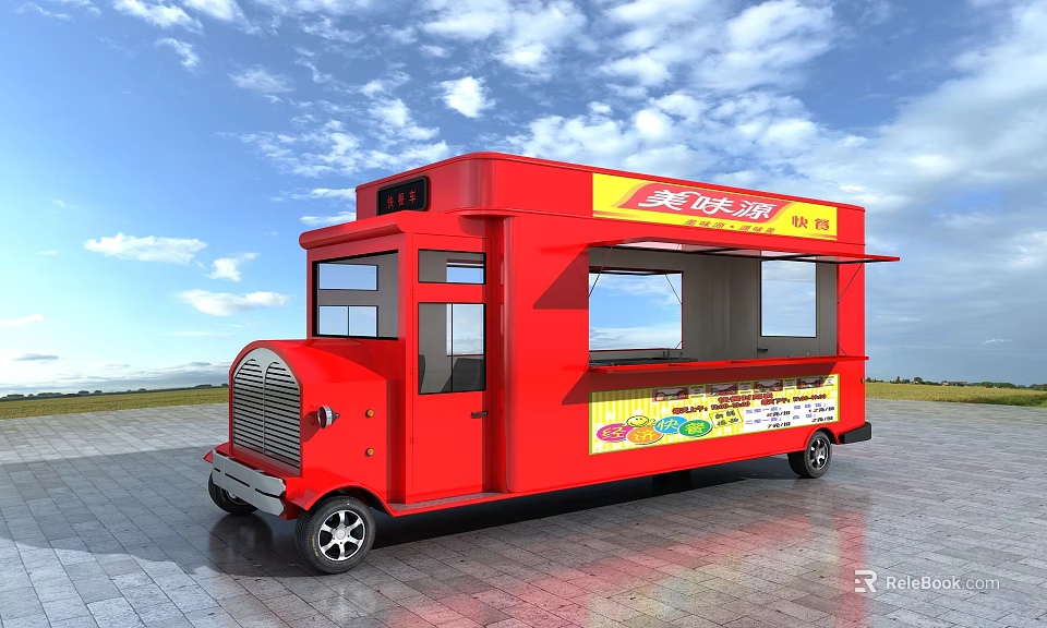 Vibrant Red Food Truck On Commercial Street For Mobile Dining Service 3d model 