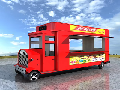 Vibrant Red Food Truck On Commercial Street For Mobile Dining Service 3d model