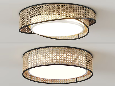 Modern Circular Ceiling Light With Woven Rattan Design Black Frame And White Light 3d model