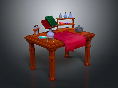Vintage Wooden Table Setup with Green Book Red Cloth Bottles Mortar and Fruits 3d model