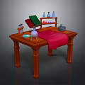 Vintage Wooden Table Setup with Green Book Red Cloth Bottles Mortar and Fruits