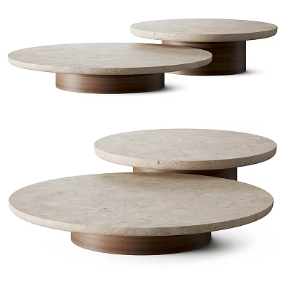 Minimalist Round Coffee Table With Natural Stone Top And Walnut Wooden Base 3d model