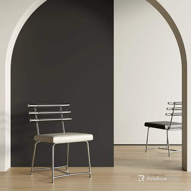 Modern Leisure Chair with Metal Frame Striped Backrest Light Dark Cushions Grey White Wall Interior 3d model 
