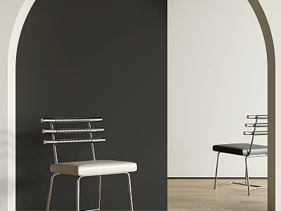 Modern Leisure Chair with Metal Frame Striped Backrest Light Dark Cushions Grey White Wall Interior 3d model