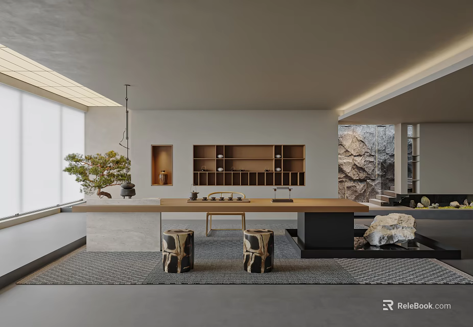 Minimalist Zen Tea Room Interior With Wooden Table Stools And Greenery 3d model 