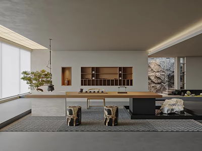 Minimalist Zen Tea Room Interior With Wooden Table Stools And Greenery 3d model