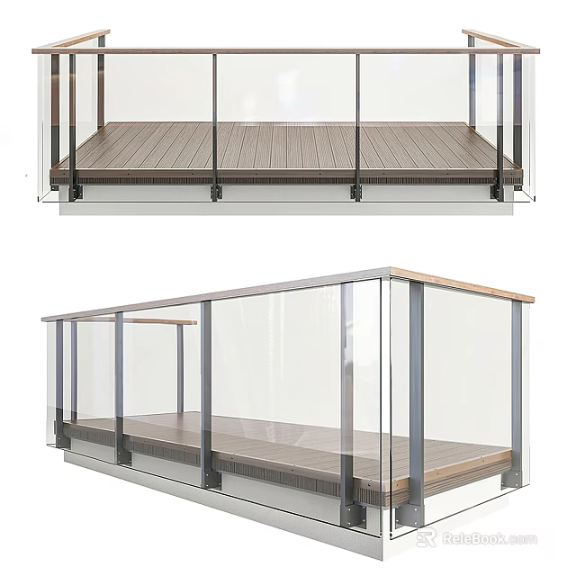 Modern Transparent Glass Fence with Metal Frame on Wooden Deck Terrace 3d model 