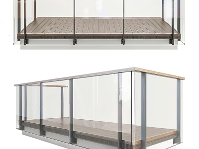 Modern Transparent Glass Fence with Metal Frame on Wooden Deck Terrace 3d model