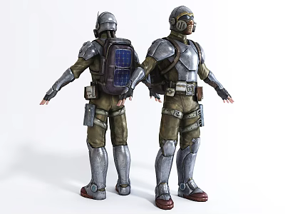 Game And Movie Characters In Metallic Armor With Solar Panel Backpacks Standing Back To Back 3d model