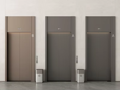 Modern Elevator Doors In Building Lobby With Multiple Units Brown Gray Design And Floor Indicators 3d model