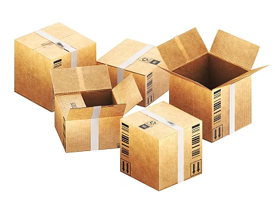 Brown Cardboard Boxes Open and Closed With White Tape and Barcode Labels 3d model