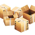 Brown Cardboard Boxes Open and Closed With White Tape and Barcode Labels