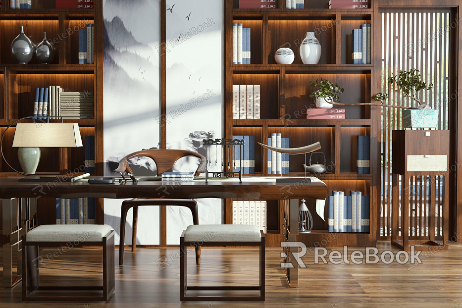 New Chinese Style Desk and Chair Tea Room Bookcase Decorative Cabinet Decoration Combination model