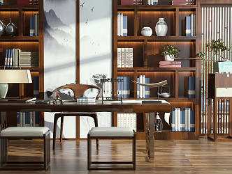 New Chinese Style Desk and Chair Tea Room Bookcase Decorative Cabinet Decoration Combination 3d model