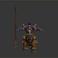 Warrior Character Riding Orange Horned Spiked Bear With Purple Yellow Armor And Spear
