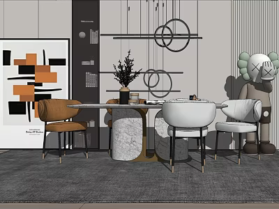 Modern Dining Table Set With Marble Top Brown White Chairs Abstract Art And Circular Lights 3d model