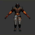 Fierce Mythical Game Character With Wolf Head Flaming Arms And Striped Pants
