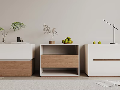 White and Wooden Nightstands With Plants Fruits And Table Lamp In Modern Interior 3d model